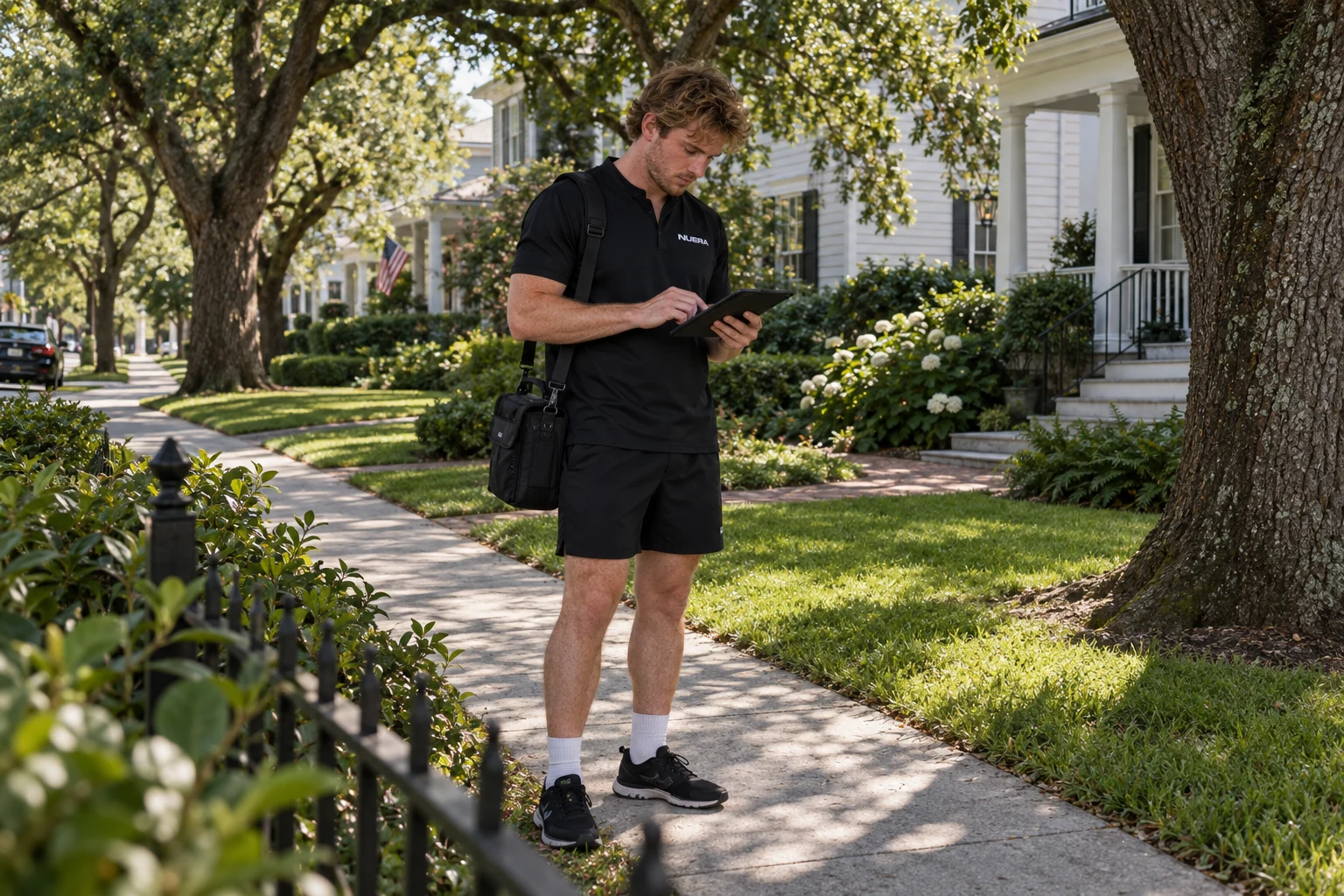 A NUERA representative recording notes on a tablet under a tree between house visits.