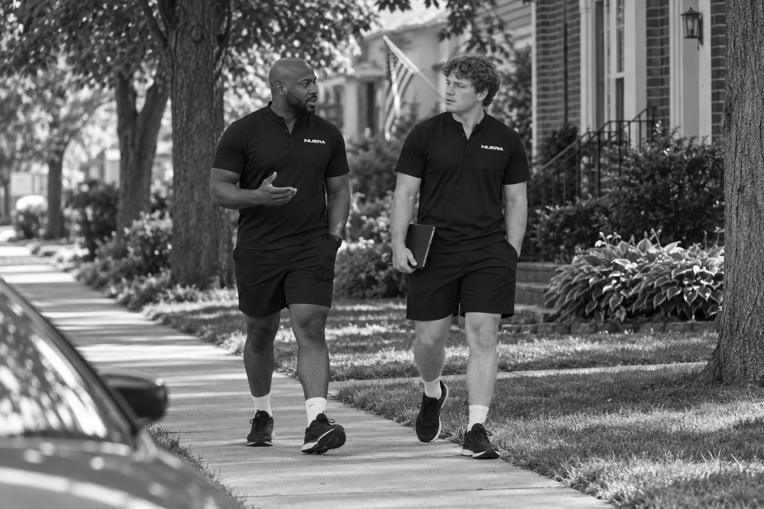 Two NUERA representatives in collarless field uniforms walking and talking on a residential sidewalk.