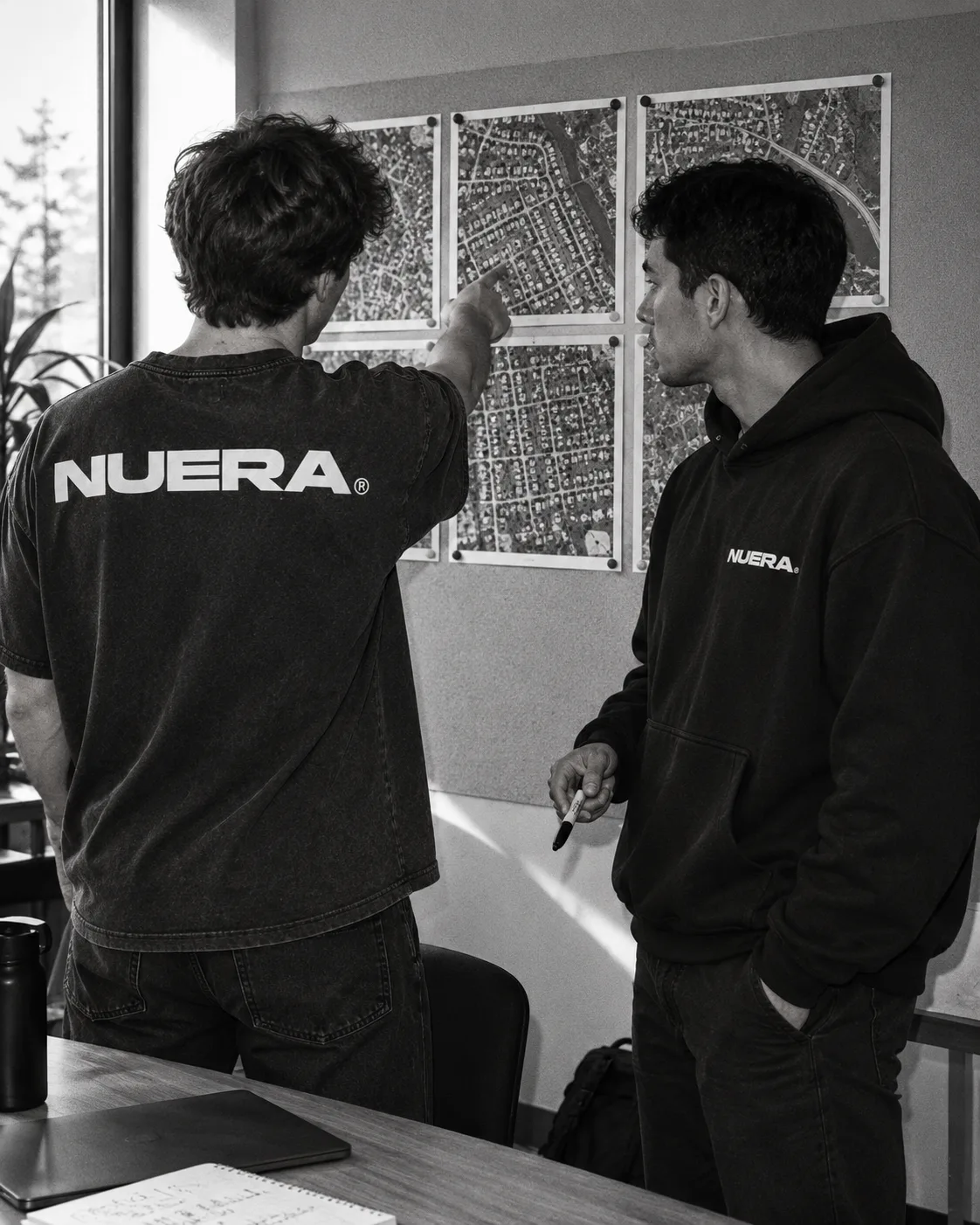 Two people in NUERA clothing reviewing neighborhood maps on a wall.