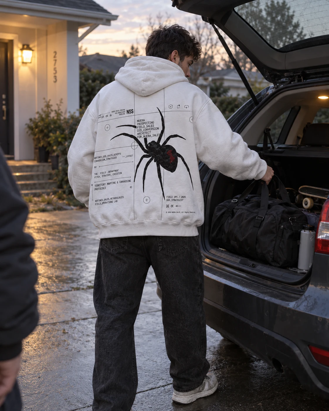 A person in a white NUERA spider-print hoodie lifting a duffel from a car outside the team house.