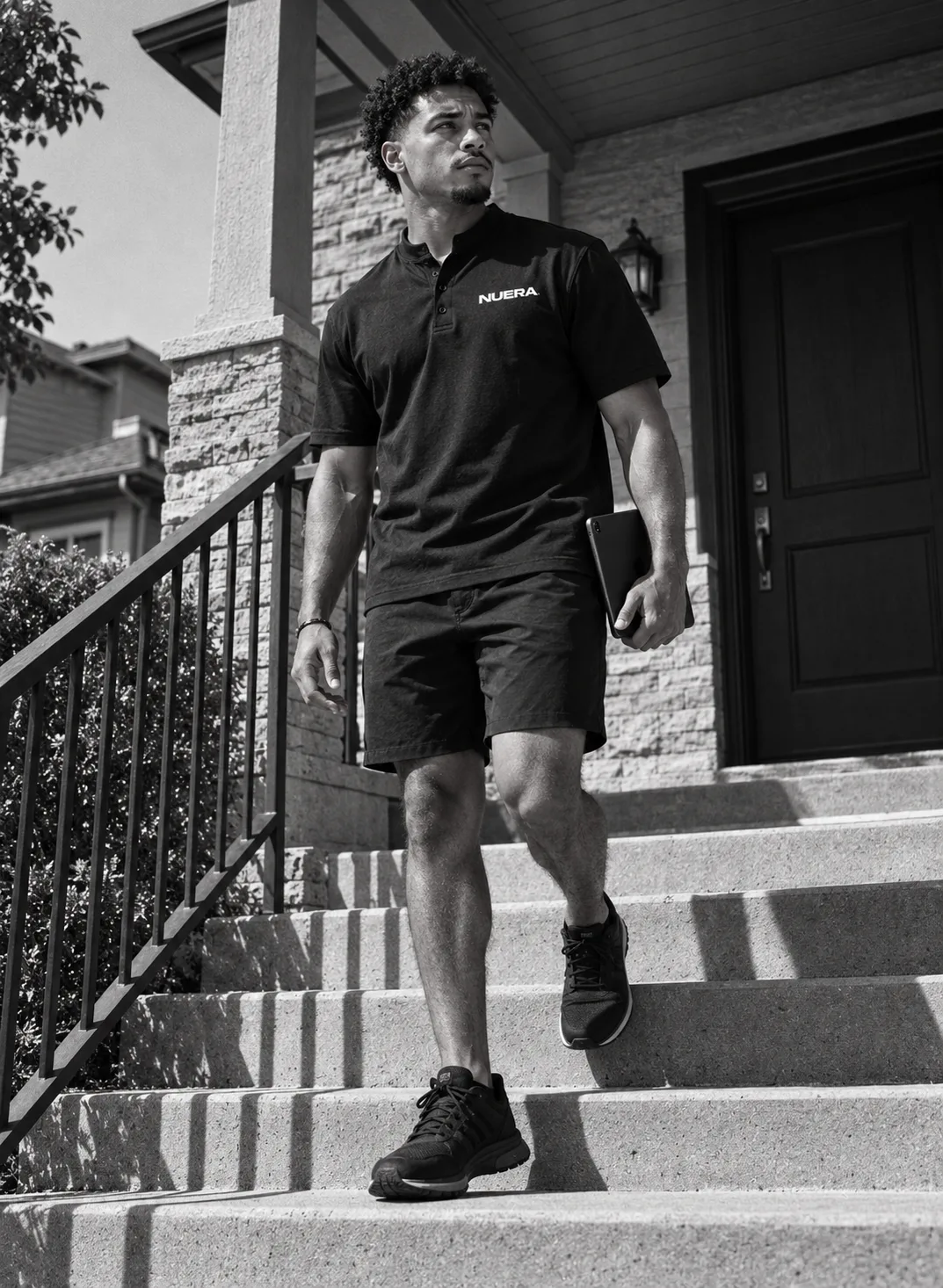 A man in a NUERA field uniform stepping away from a front porch.