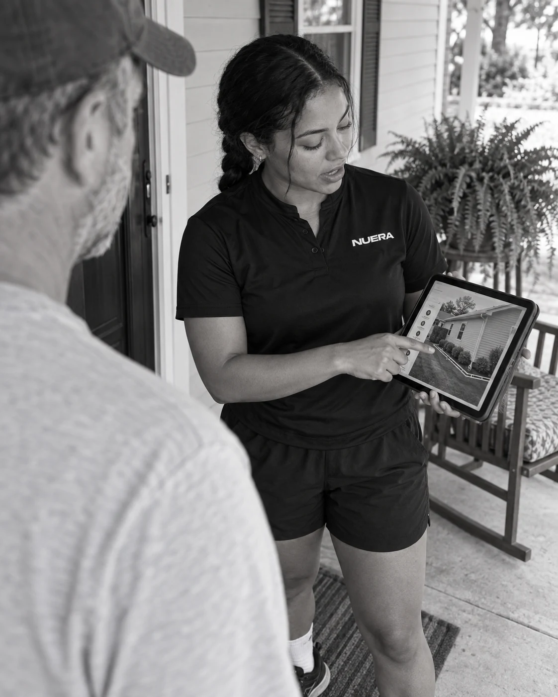 A NUERA representative explaining a house illustration on a tablet to a homeowner.