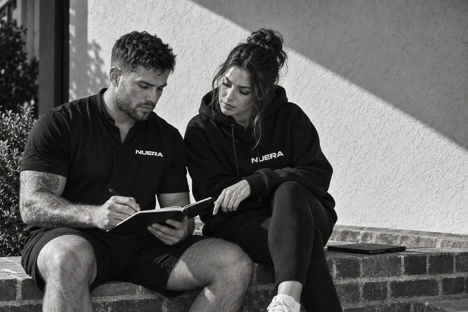 Two adults in a NUERA field polo and hoodie reviewing a notebook.