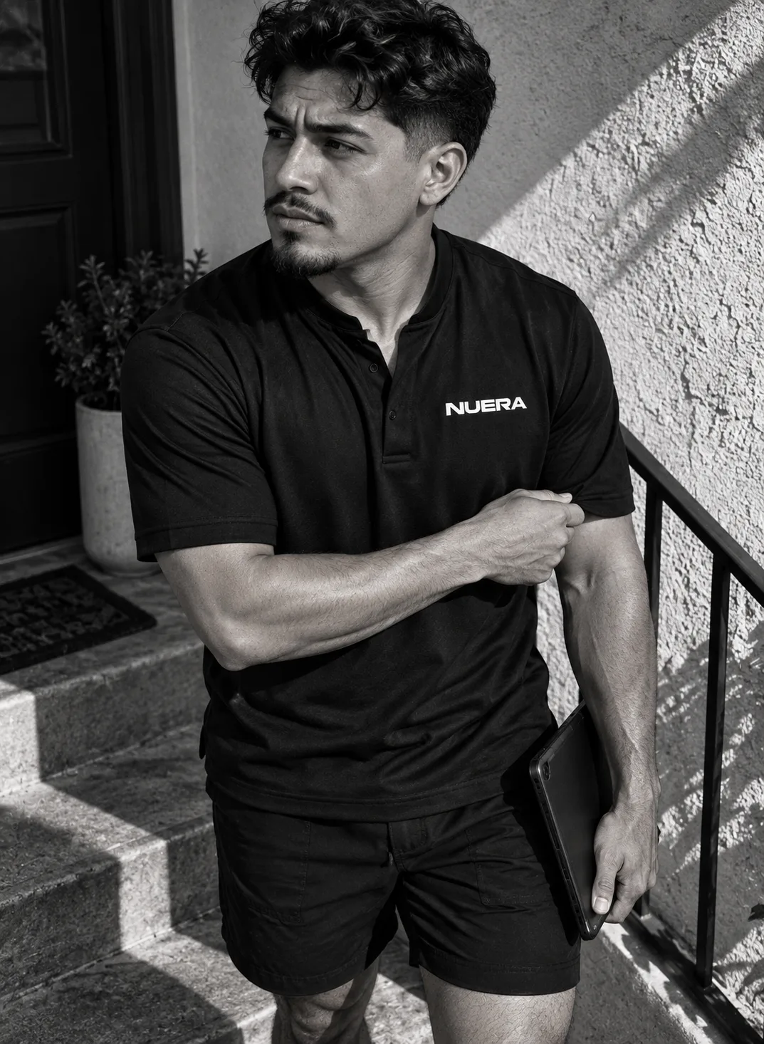 A man in a black NUERA collarless field polo holding a tablet on a front step.