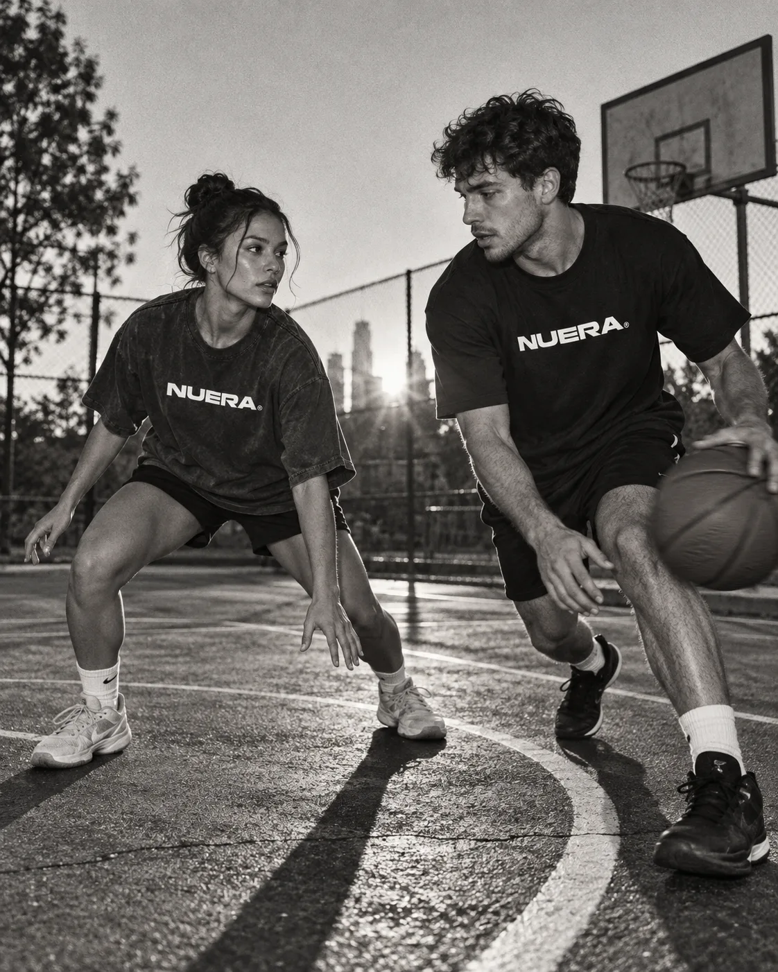 Two adults playing basketball in NUERA oversized tees.