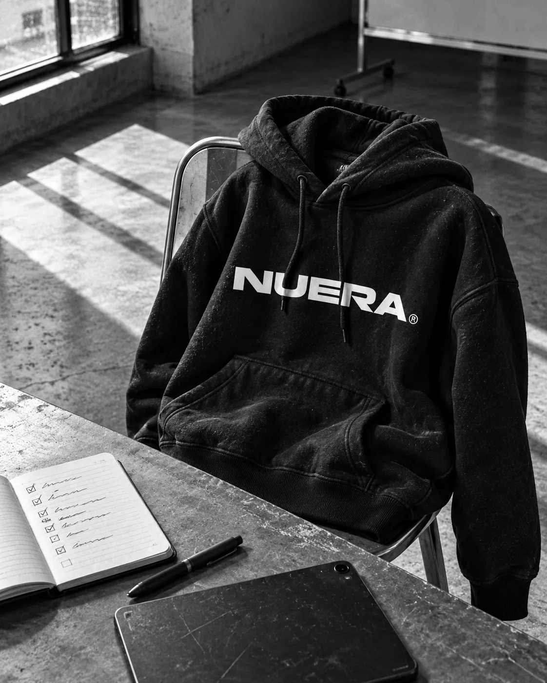A heavy NUERA hoodie draped over a chair beside a notebook and tablet.