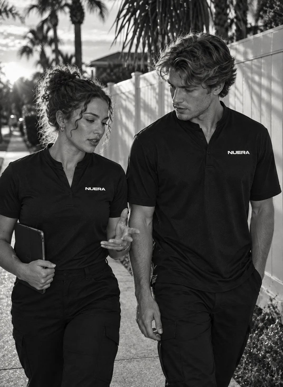 Two people in NUERA collarless field polos working through a conversation outdoors.